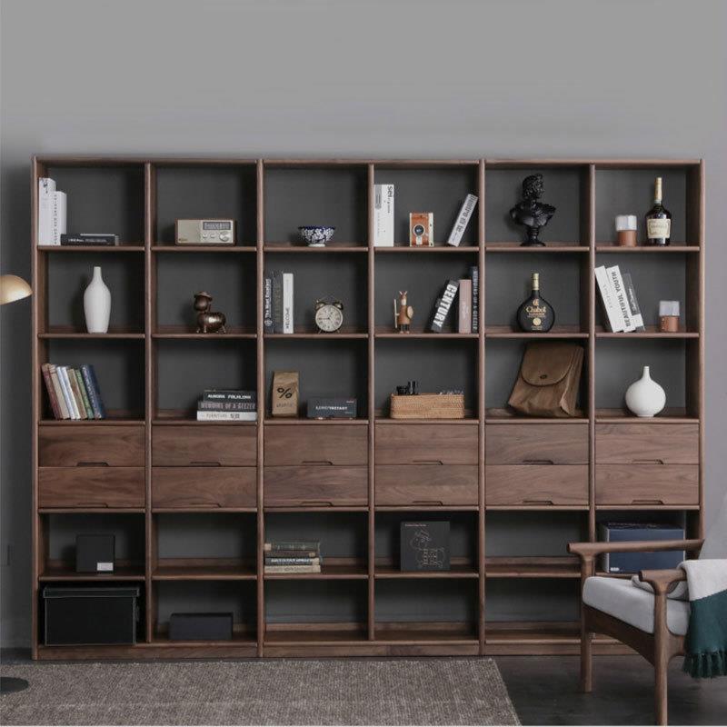 现代简约全实木书架落地黑胡桃木书柜格子置物架组合日式多层书柜