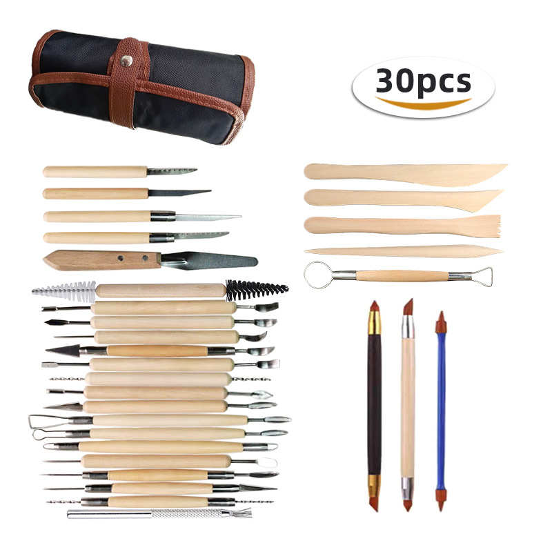 装压痕30泥塑件套粘土工具笔卷软陶工具组合陶艺雕刻刀木质橡皮包
