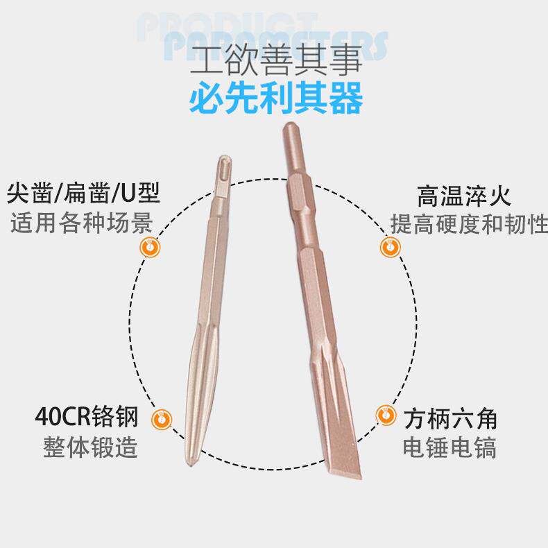 电锤凿子冲击电锤钻头混凝土墙壁方柄六角柄65A电镐头自磨尖扁凿