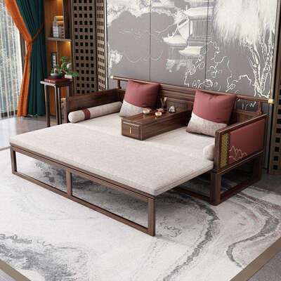 新中式实木罗汉床茶水推拉沙榻发KRY卧简约客厅塌乌金木中式床伸
