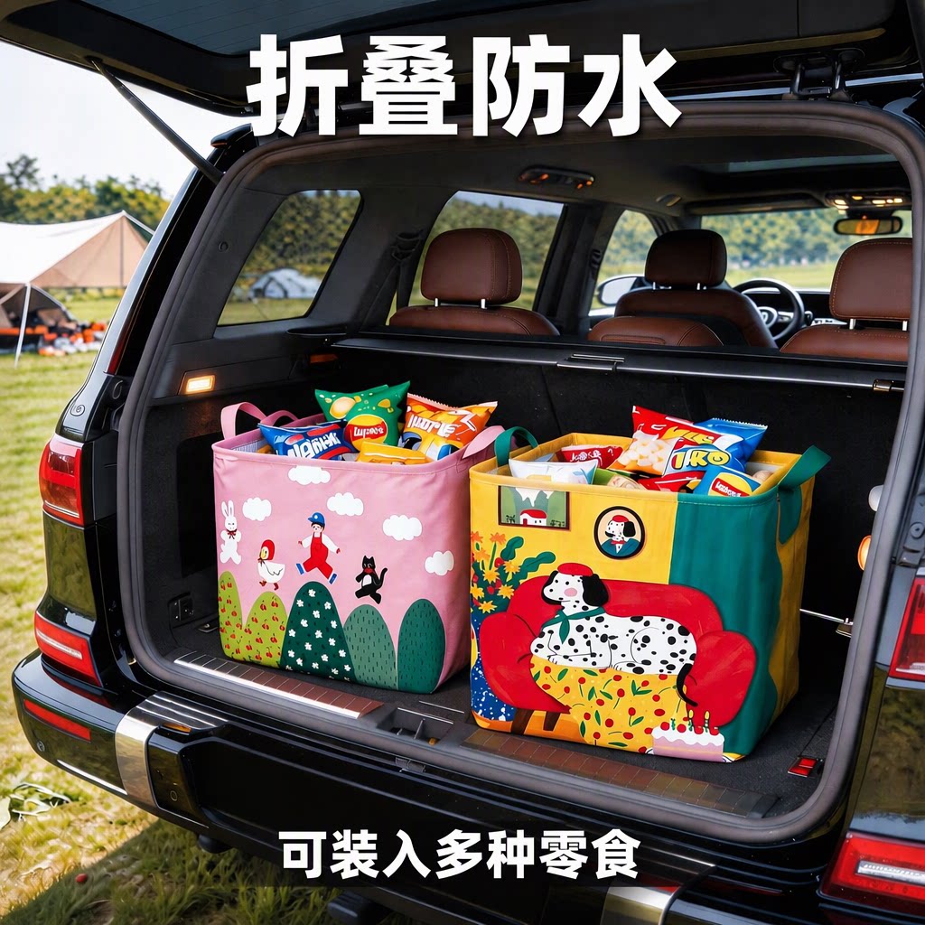 汽车后备箱收纳箱折叠防水防潮多巴胺带提手自驾出行杂物整理盒