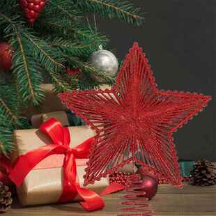 Christmas Tree Topper 25cm Star Glitter Iron Red
