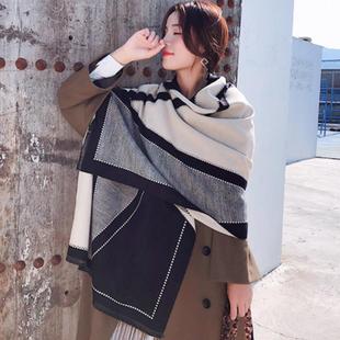 韩国设计款 保暖围脖学生披肩两用 百搭拼色双面彷羊绒围巾女秋冬季
