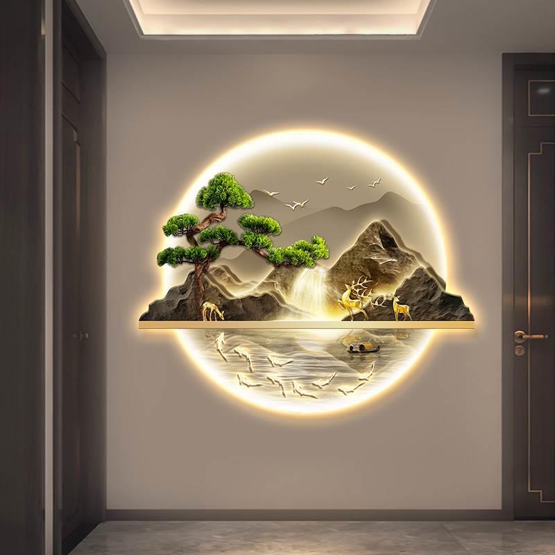 新中式玄关装饰画带灯流水生财山水风景画进门入户挂画迎客松壁画