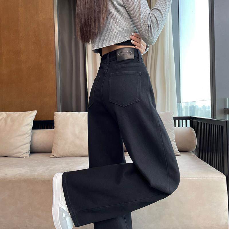 黑色高腰阔腿牛仔裤女春秋2026新款垂感宽松显瘦窄版直筒拖地裤子