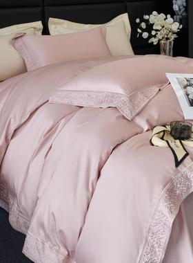 2025新高端绒棉四件长套棉全纯棉刺款绣床单76828被套纯色床上用