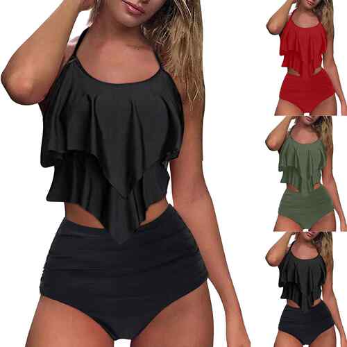Swimsuit women high waisted ruffle edge split bikini