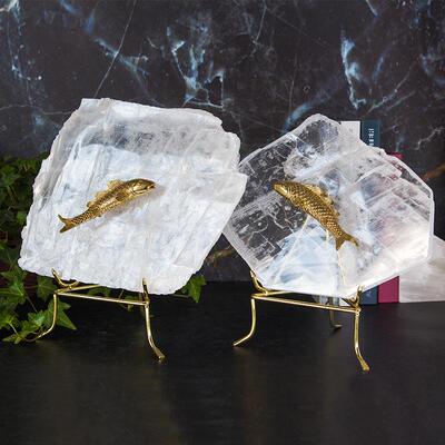 新中式水晶铜鱼家居摆件石膏晶石样板间软装摆饰玄关桌面金属鱼