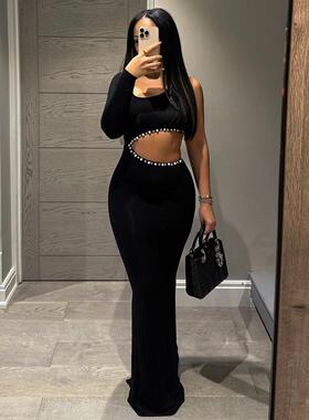 Single side sleeve dress with exposed navel and diamond