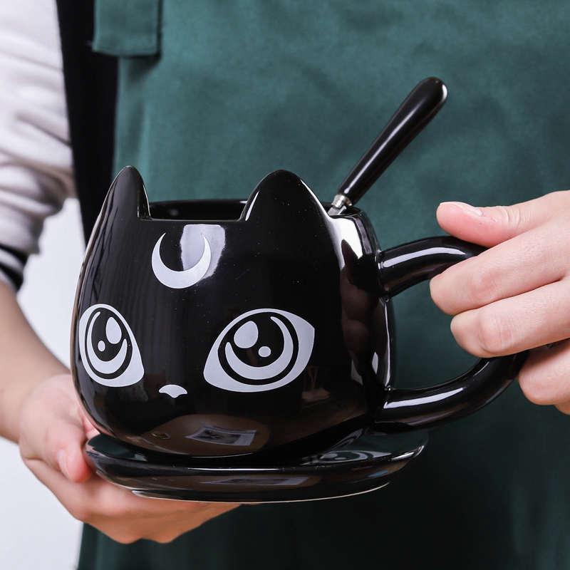猫咪马克杯可爱卡通陶瓷杯子情侣男女水杯咖啡杯带盖勺早餐牛奶杯