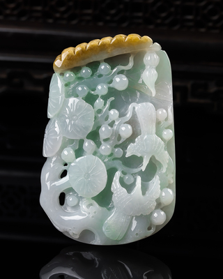 缅甸天然真品翡翠冰紫罗兰春彩飘黄翡闪拍鸟语花香玉石吊坠56.19g