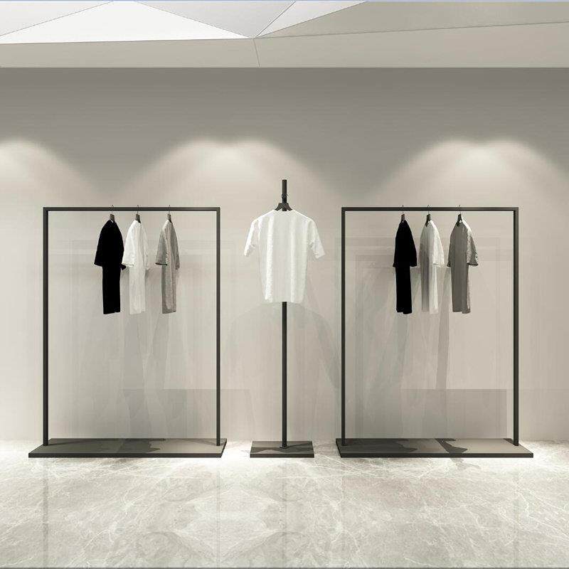 高档服装展示架带板黑色哑光创意新款落地式挂衣架网红陈列架方管