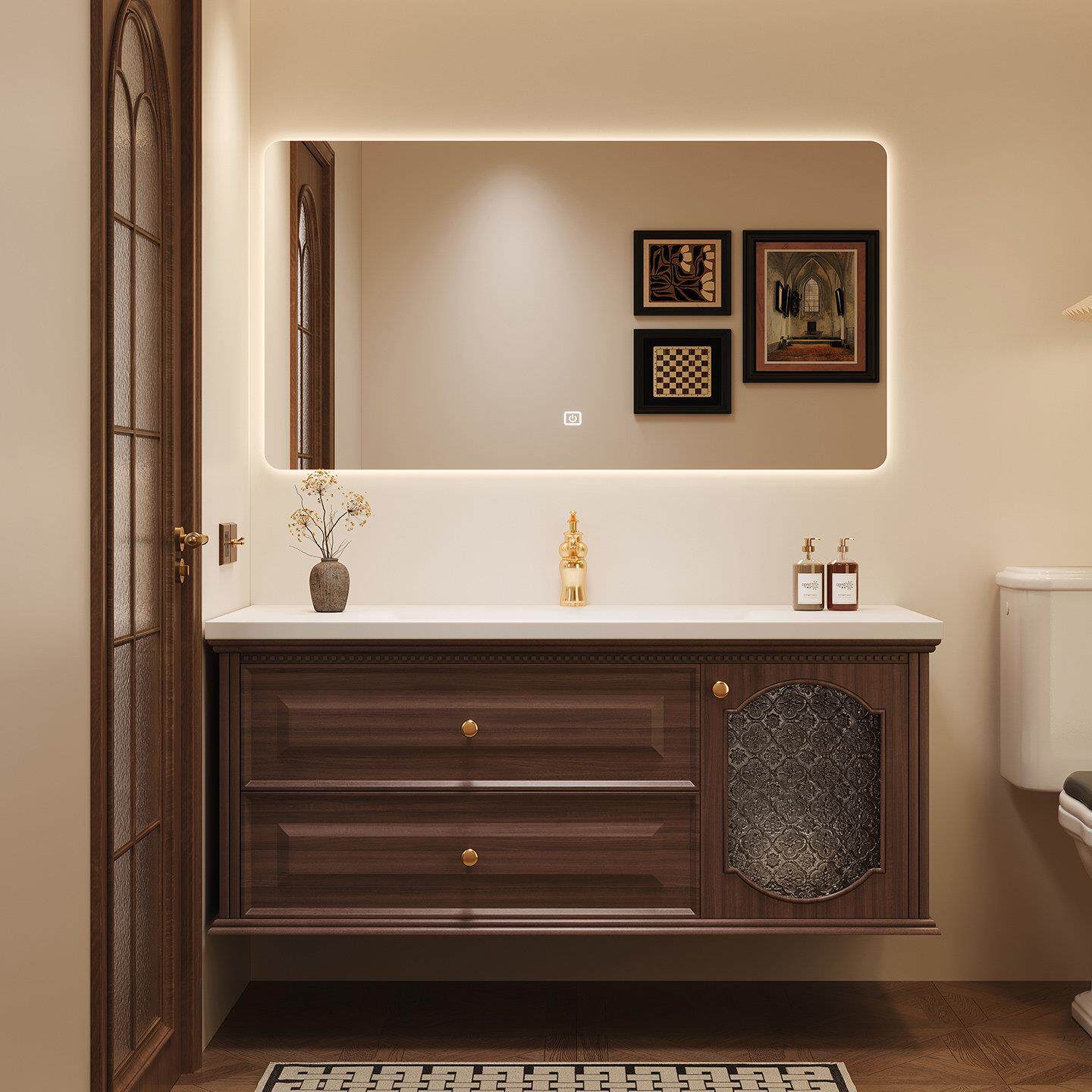 法式复古风米黄色陶瓷一体盆浴室柜组合卫生间陶瓷洗漱洗脸盆定制