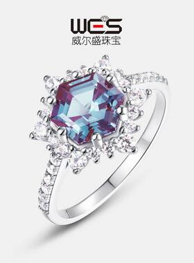 跨境热卖六边形阶梯切割亚历山大石戒指S925银双色变色彩指戒女