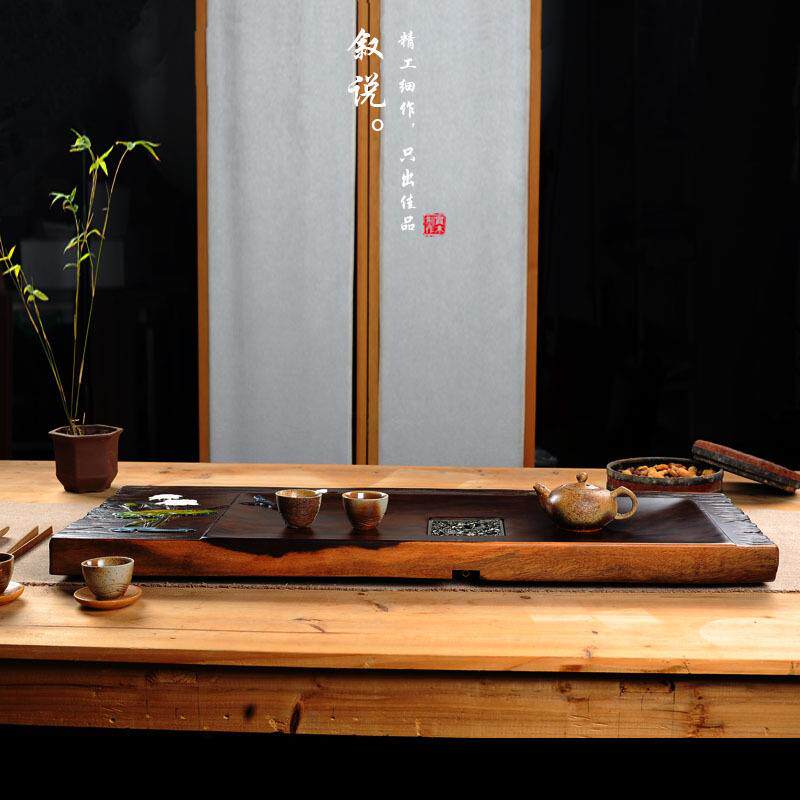 手绘茶盘黑檀木实木原木整块茶道茶具功夫家用客厅茶海彩绘大茶台