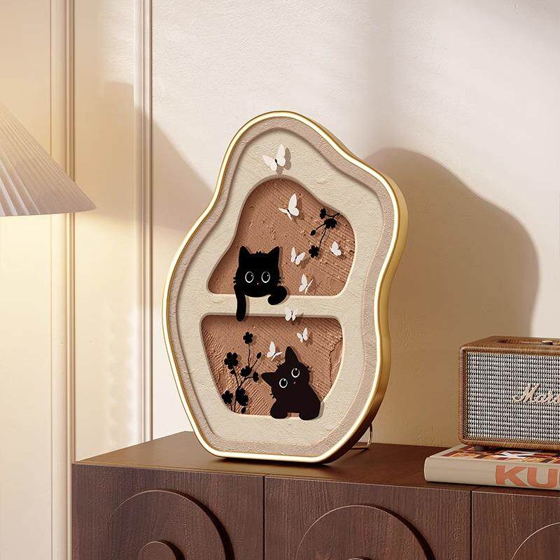 中古风桌面装饰画小众艺术摆画喵咪复古卧室牀头柜挂画电视柜摆件