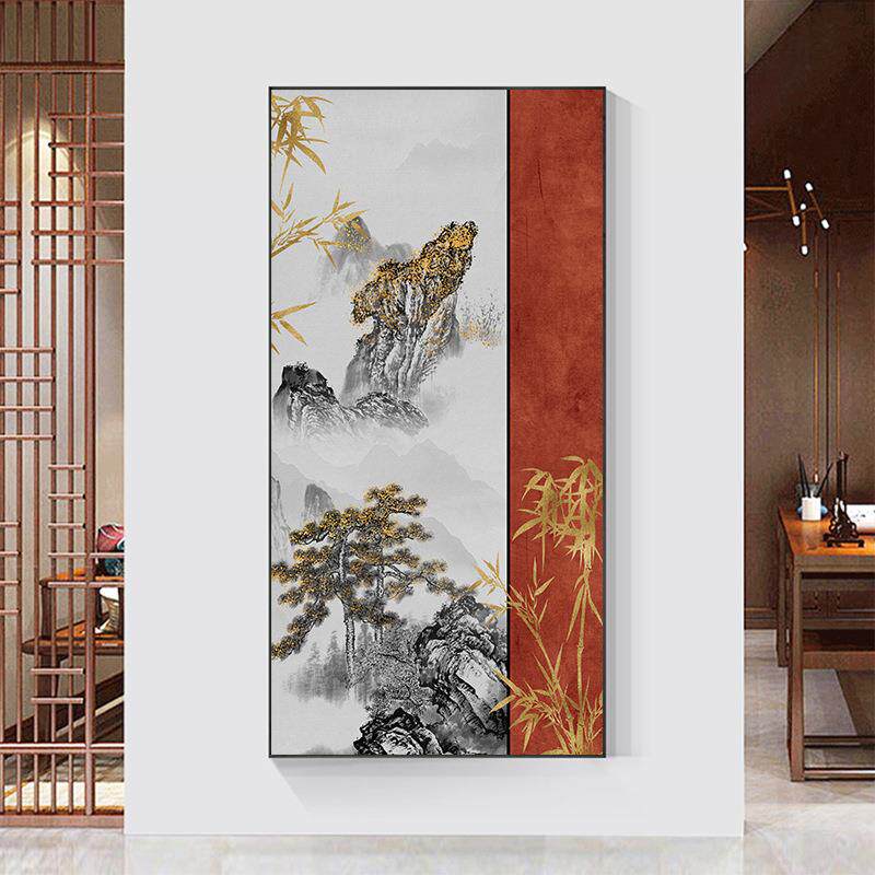依山揽云 新中式水墨山水画入户轻奢玄关装饰画红色拼色高档挂画
