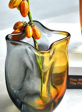 碧轩创意水墨透明玻璃花瓶蓝黑丝现代简约水培插花客厅书房装饰品