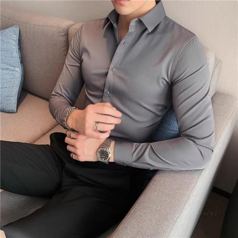 长袖衬衫男士高级感2025春秋季新款弹力修身休闲潮流痞帅商务衬衣