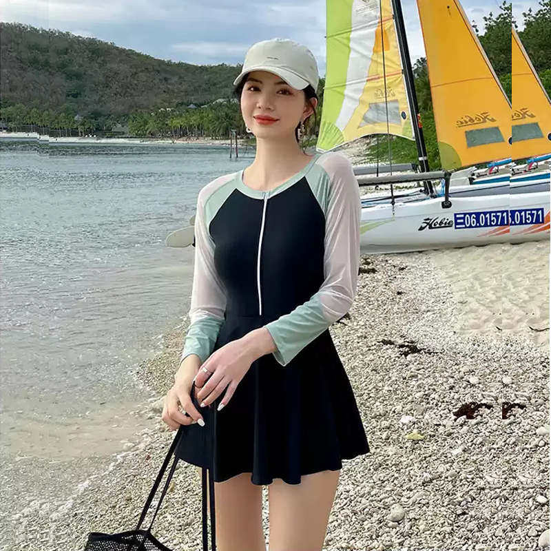 新款长袖泳衣女连体裙式平角裤遮肚显瘦韩国ins泡温泉休闲游泳装,运动/瑜伽/健身/球迷用品,连体泳衣,淘宝优惠券,粉丝福利购,淘宝优惠卷