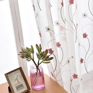 韩式 田园刺绣窗纱纱帘白色底客厅飘窗窗帘短帘绣花半透纱隔断新品