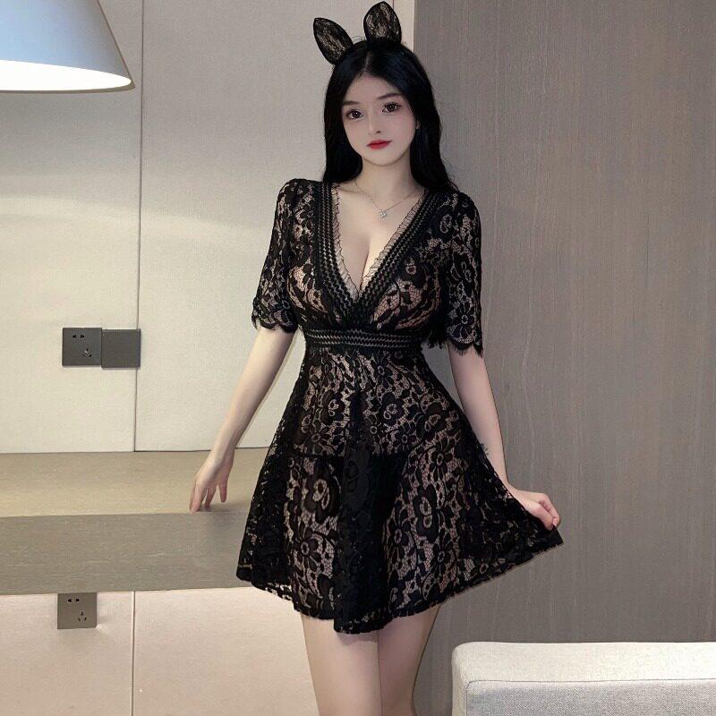 夜店女装大码女神新款收腰显瘦领透视裙子夜场蕾丝减龄连衣裙