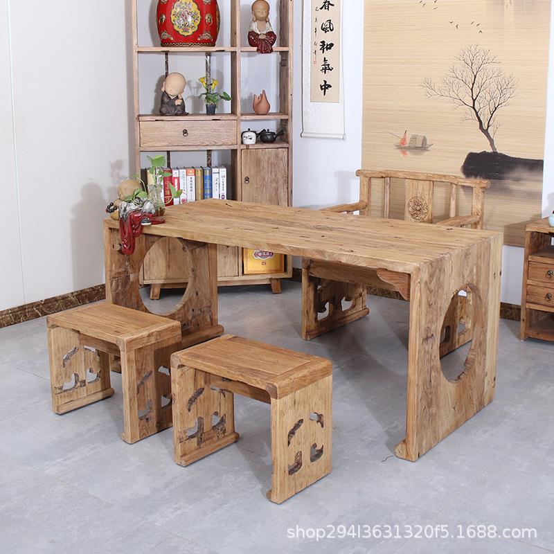 老榆木茶桌门板风化榆木餐桌家具复古怀旧长方形桌子凳子组合