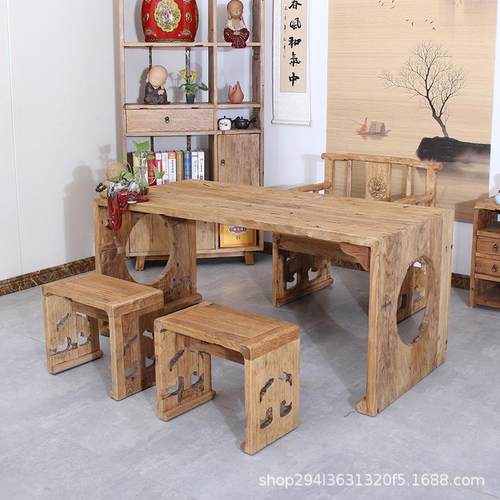 老榆木茶桌门板风化榆木餐桌家具复古怀旧长方形桌子凳子组合