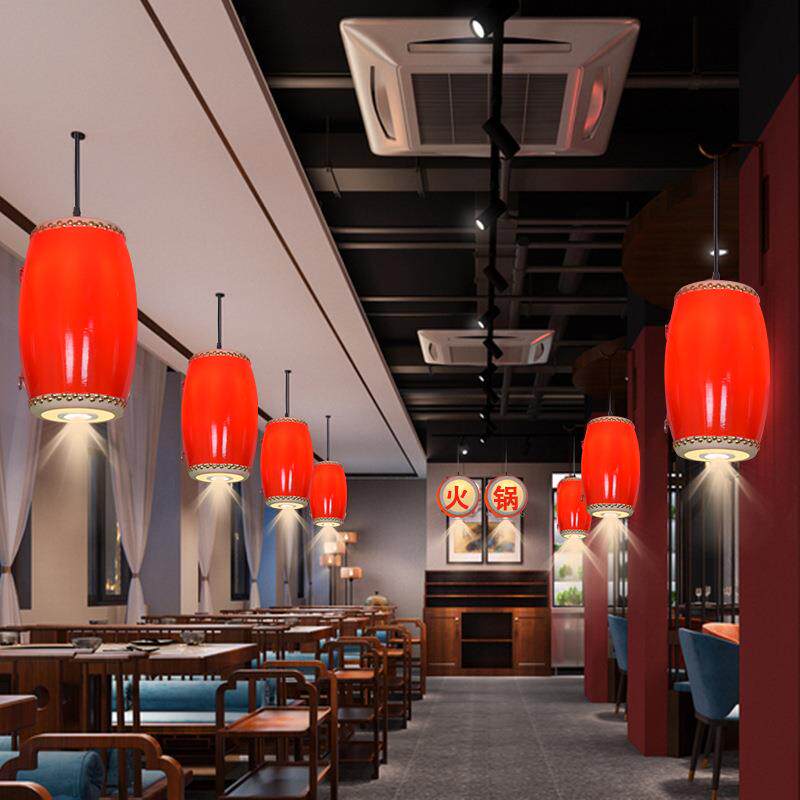 仿古国潮风餐饮火锅店鼓形吊灯带射灯收银台户外门头招牌创意鼓灯