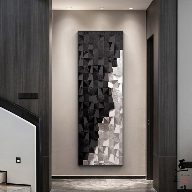 侘寂风几何抽象玄关装饰画黑白立体感竖款走廊过道挂画入户墙壁画