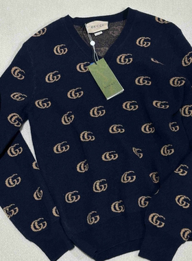 [99新未使用]古驰gucci印花男士V领针织衫羊绒毛衣上衣.有吊牌