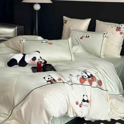 新中高端刺绣件熊猫100S式长绒棉结WSJ02婚庆四套全棉床红色被套