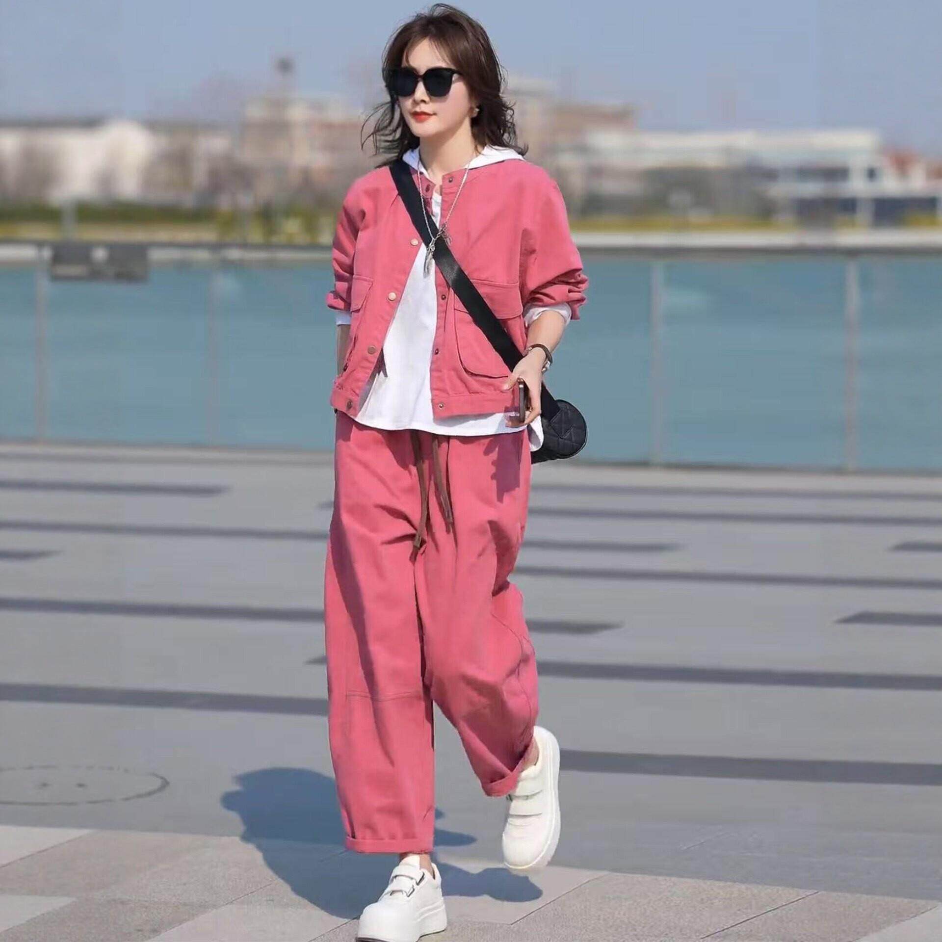 时尚休闲洋气三件套装女春款宽松显瘦百搭外套打底衫哈伦裤套装潮