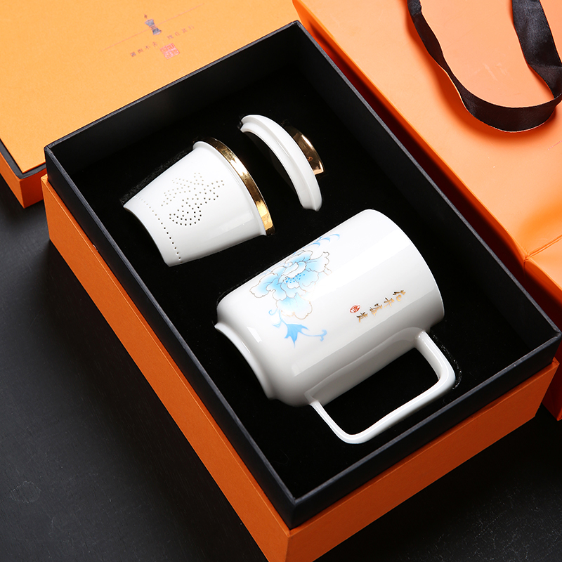 简约家居办公德化白瓷办公杯国画风景茶水分离带盖个人杯礼品批发