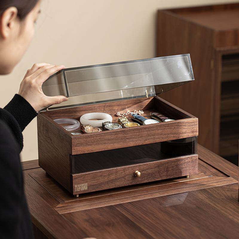 胡桃木茶饼盒实木收纳柜抽屉式普洱茶收纳盒防尘高档家用首饰收纳