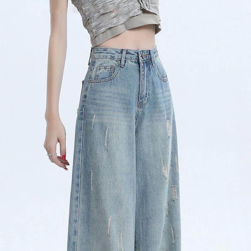潮牌破洞高腰阔腿牛仔裤女2026夏季新款时尚宽松垂感百搭直筒裤子