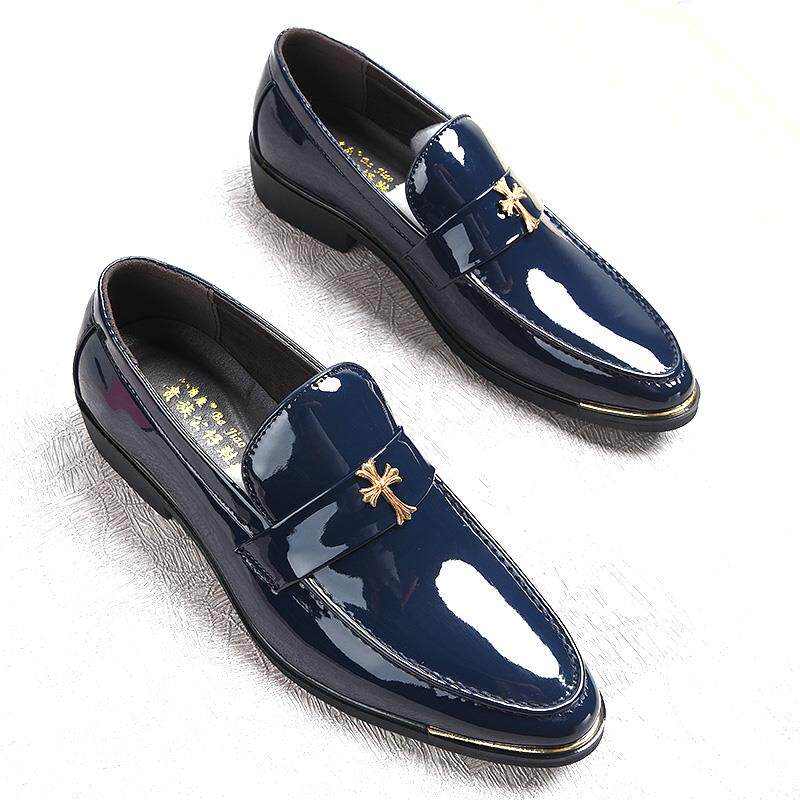 高档春季秋英季新男士伦风格蓝色亮皮商务休闲皮鞋发型和时师髦尖