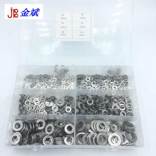 外贸盒装螺丝850PCS 304不锈钢平垫圈圆形垫片套装M3-M10