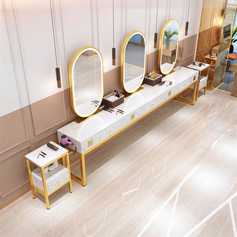 理髲店镜台带灯双面镜烫染镜发廊专用一体美发店彷大理石美容镜子