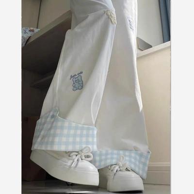 设计感小熊刺绣格子翻边休闲裤女夏季高腰直筒宽松阔腿垂感拖地裤