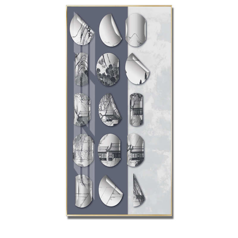 入户玄关装饰画客厅背景墙新中式风景画过道走廊建筑晶瓷挂画壁画图片