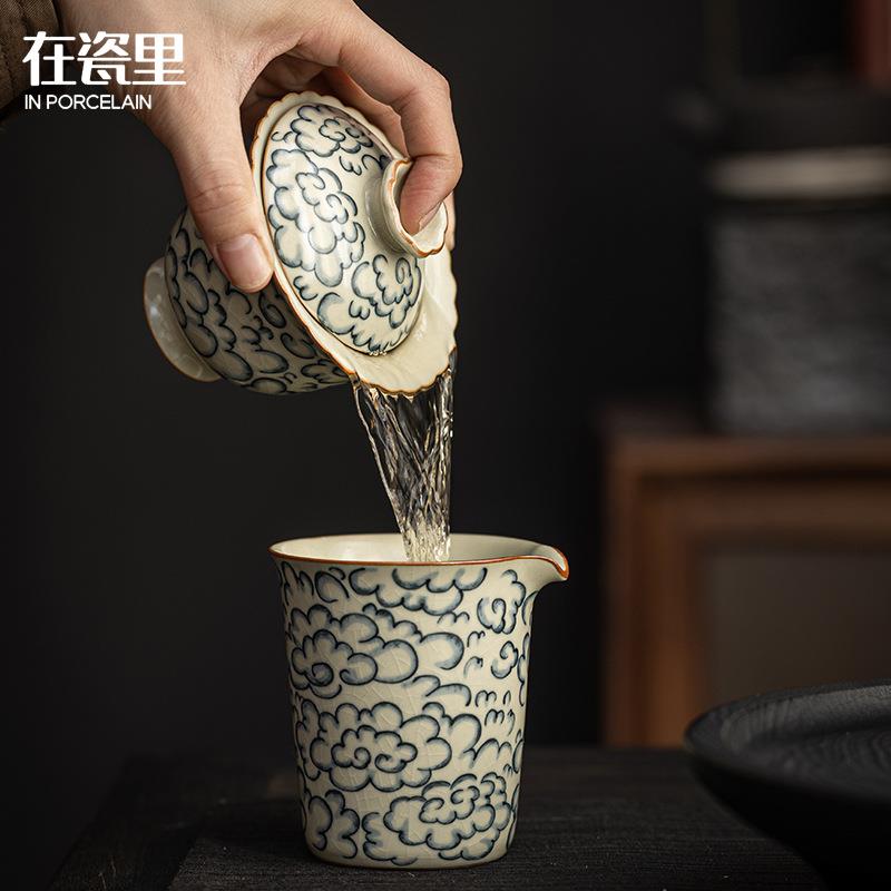 在瓷里汝窑祥云盖碗釉下青花陶瓷碗茶具单个手抓碗带盖青花瓷盖碗