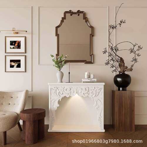 法式奶油壁炉客厅雕花装饰柜复古装饰欧式玄关壁炉架民宿氛围灯