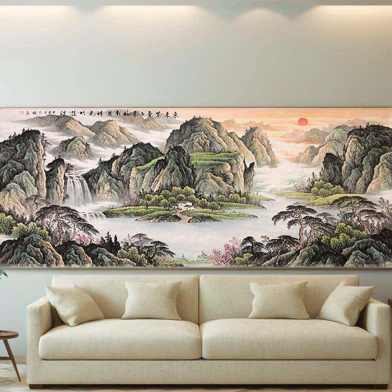 手绘马云聚宝盆山水画 画客厅挂字办公室装饰风景国中堂沙发背景