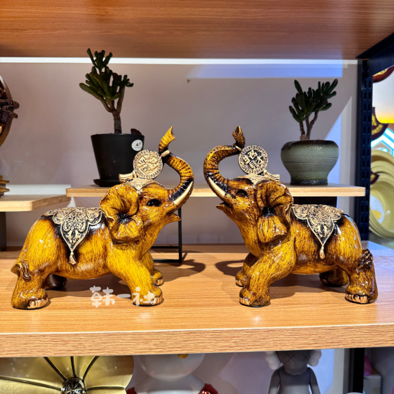 仿古木大象摆件一对招财吉象家居客厅玄关装饰办公室中式送礼摆设