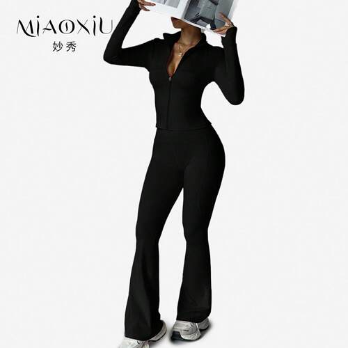 Pants Womens Casual Sportswear Set, Long Sleeve High Waist