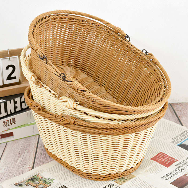 仿藤手工编织收纳篮户外水果采摘手提篮铁线圈加固收纳藤编野餐篮