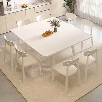 奶油实木岩板餐桌桌可变方两用长PRH方餐形纯白色风哑光可折叠伸