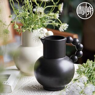 奶壶花瓶陶瓷串珠法式提手花瓶简约高级鲜花花瓶客厅餐桌插花花器