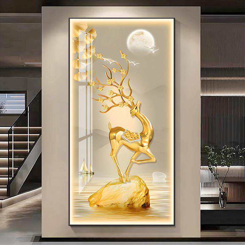 轻奢带灯的入户玄关装饰画金色鹿入门壁画走廊过道正对门灯具挂画